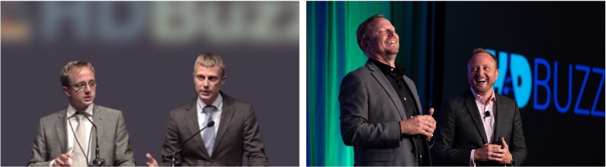 Toen en nu: Ed en Jeff in 2011 tijdens een van hun eerste presentaties als HDBuzz (links), en later in 2023 tijdens een presentatie op een HDSA-conventie (rechts).