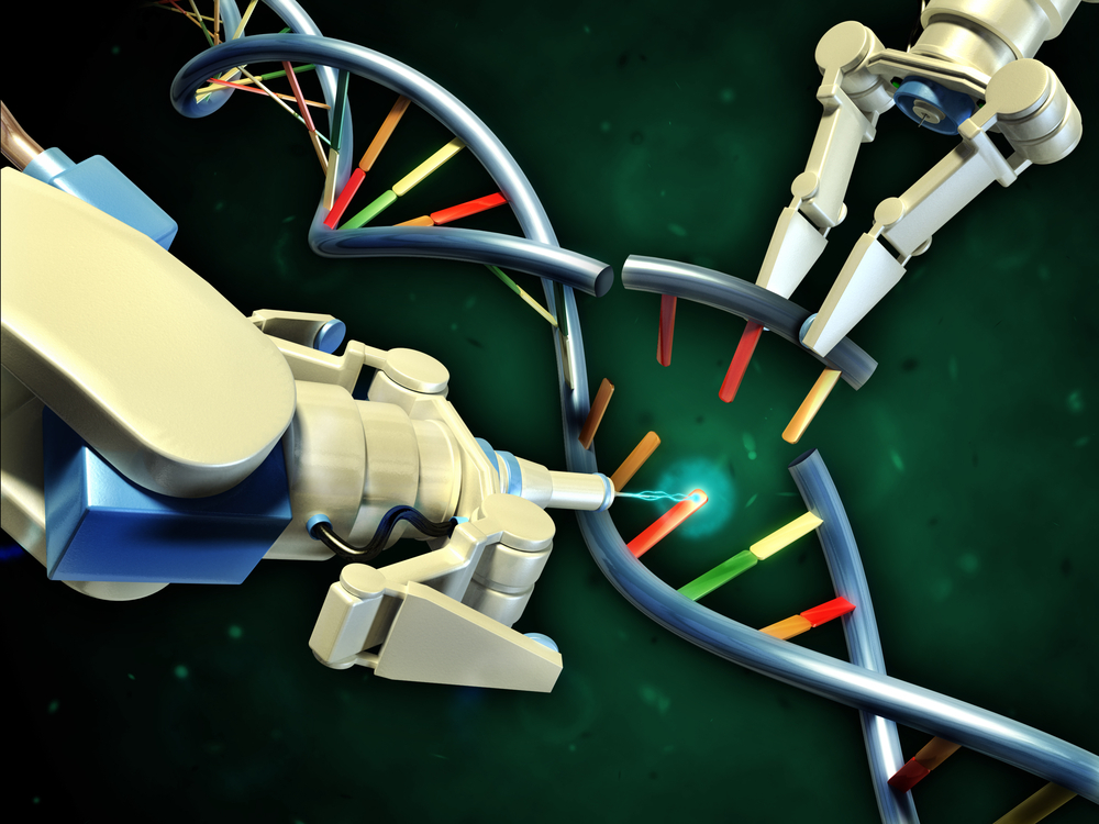 Bij de bewerking van het genoom worden eiwitmachines gebruikt om het DNA op de juiste plaats te knippen. Het gebruik ervan om genen in hersencellen te bewerken is echter ingewikkeld en risicovol. En robotarmen worden hier echt niet bij gebruikt.  