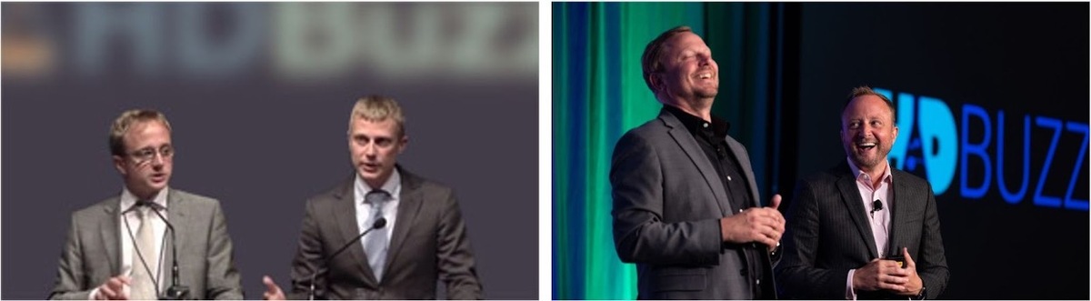 Toen en nu: Ed en Jeff in 2011 tijdens een van hun eerste presentaties als HDBuzz (links), en later in 2023 tijdens een presentatie op een HDSA-conventie (rechts).  